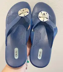 Okal Flip Flop Women M/L Blue Comfort Beach Sand Dollar Coastal Cruise Sandy