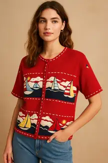 Vintage Nautical‎ Sailboat Sweater L Red Ramie Cotton Coastal Grandma Cardigan