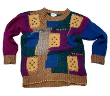Vintage Adorable Colorful Patchwork‎ Eclectic Grandpa Cotton Knit Sweater Medium