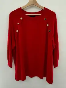 Lane Bryant Red Crew Neck Sweater Gold Button Detail 3/4 Sleeve Plus Size 26/28