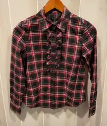 Cute plaid ruffle jeweled button blouse Talbots stretch black red holiday