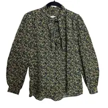 Masscob Blouse Silk Green Floral Button Front Tie Neck