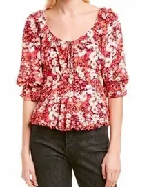 Free People Sweet Memories Pink Multi Floral Ruffled Puff Sleeve Top Sz L (U13)