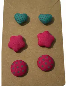 Stud Button Statement‎ Earrings Set Fabric Polka Dot Hearts Stars Pink Teal Blue