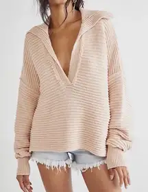 Free People Marlie Ribbed Pullover Sweater Collared Polo Oversized Dusty Pink