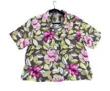 Vtg Tommy Bahama Silk Button Up Blouse Purple Pink Floral Short Sleeve Women's M
