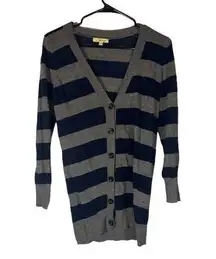 Cecico Gray & Navy Blue Striped Long Sleeve Button Front Knit Sweater Women Sz S