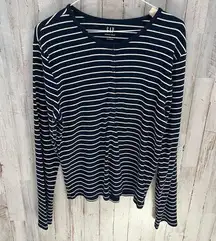Gap Modern Henley Navy Blue Stripe Long Sleeve Ribbed Shirt Womens Size XL