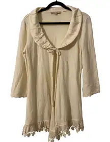 Lace Tie Cream Cardigan Sweater Medium Cottage Boho Peter Pan Collar Y2K Femme