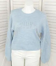 Broadway 38 Anthropologie Rhinestone Fringe Balloon Sleeve Sweater Blue XL‎
