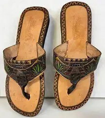 Acapulco Guerrero Mexican Hand Tooled Leather Mayan Temple Souvenir Sandals Sz7