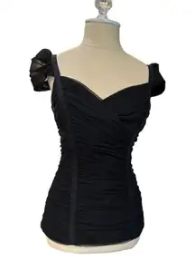 BCBG Criss Cross Sweetheart Neck Bodycon Capped Sleeve Mesh Black Size Small Top