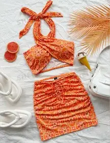 SHEIN Cross Back Cami & Bodycon Skirt Set, Orange/Pink, Size S, NWOT