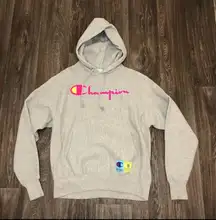 Grey Champion Hoodie, pink, yellow and blue chenille logo