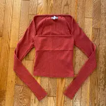 berry red ribbed square neck long sleeve top