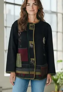 Parsley & Sage Sweater Jacket Womens S Black Multi Wool Patchwork Artful Cottage