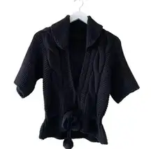 Black Knit Open Front Tie Snap Button Closure ¾ Sleeves Sweater Women’s Cardigan