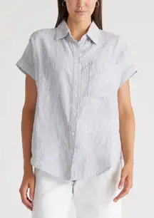 NWT QUINCE Women's Blue Chambray Stripe Button-Up 100% European Linen Camp Shirt