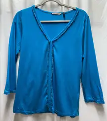 Soft Surroundings Vibrant Teal v-neck top with crochet or loop trim details M