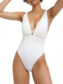 River Island One-Piece Embroidered Plunge Swimsuit NWOT size 4 White & Gold