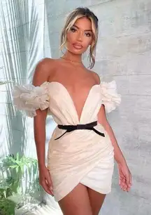 House of CB Agatha Ivory Organza Dress Puff Sleeve Sweetheart Belted Mini Small