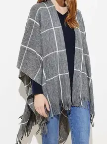 Ann Taylor  Gray White Plaid Fringe Checkered Poncho Wrap Jacket Sweater