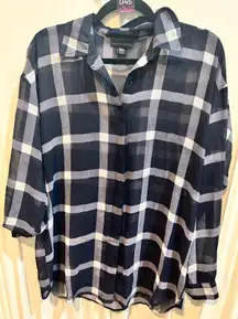 Apostrophe Plaid Button Down Top Womens Medium Sheer Black‎ White Blouse