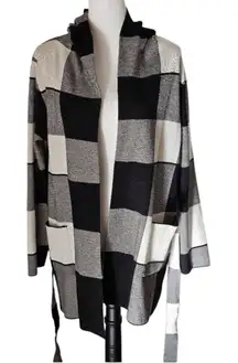 Tahari hooded knit belted sweater black and white check size XL