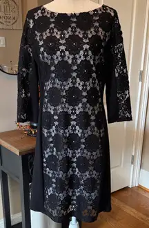 Nine West Black Lace sheer Sheath Dress 3/4 Sleeve Lined Stretch Women’s Size 12