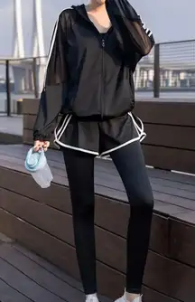 Two pieces set tracksuit bomber jacket sport set leggings shorts activewear mesh