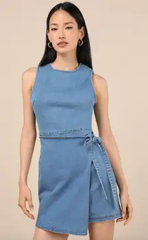 Lulus Albena Medium Wash Denim Sleeveless Mini Wrap Dress Blue Casual Large