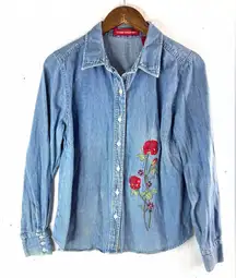 Gloria Vanderbilt M Rose Embroidered Blue Denim Button Down Shirt Top