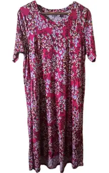 LOGO Lori Goldstein Midi Dress Large Pink Floral Printed Short Sleeves‎ Pink