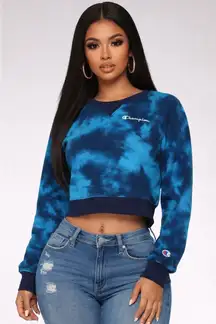 Champion Tie Dye Crop Campus Sweatshirt Blue Long Sleeve Women's Size S