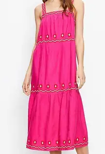 Loft  Pink Flare Southwestern Western Boho Embroidered Linen Tiered Midi Dress