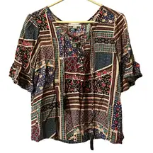 American Eagle‎ Flounce Floral Patch Short Sleeve Lace Up Top Size Sz Small Boho