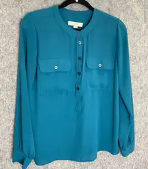 LOFT Teal Blouse Button Front Long Sleeve Top XS‎ Workwear Minimalist Office