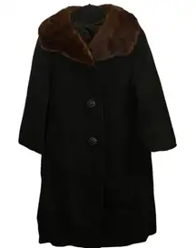 Vintage Forstmann 50's Black Wool Mink Fur Collar Pea Coat Overcoat Mid Century