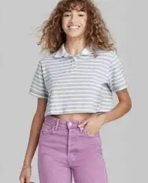Short Sleeve Boxy Cropped Polo T-Shirt Gray Striped Women’s XL NWT