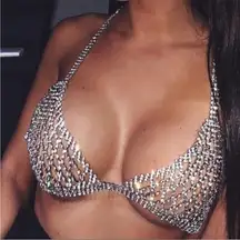 Sexy Body Chain Crystal Mesh Backless Halter Crop Top and Panties