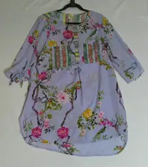 Fig‎ & Flower Womens Large Blue Asian Style Floral Birds Popover Tunic Blouse