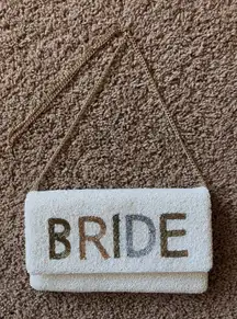 Unbranded BRIDE White Metallic Seed Bead Bridal Clutch Purse Crossbody Chain