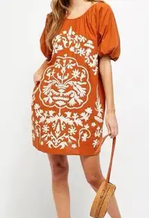 Fiona Mini Dress Deep Ochre Combo Embroidered back tie boho sz m