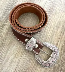 Leather Rock leather brown pink rhinestone belt