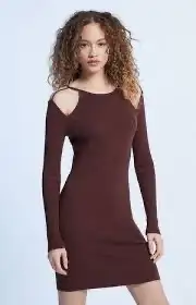 L.A. Hearts | Brown Cold Shoulder Ribbed Sweater Bodycon Dress