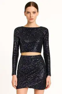 NEW Morgan & Co. Black Sequin Long Sleeve Crop Top Pencil Mini Skirt 2 Pc Set 1