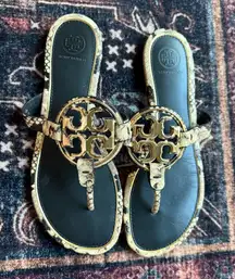 Tory Burch Metal Miller Stamped Snake Printed Leather Sandals Desert Roccia