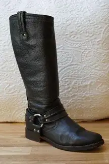 Frye Maxine Trapunto Harness Biker Western Knee Boots 6.5 Black Leather Shoes