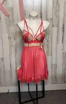 Women’s pink Lace Babydoll Lingerie Chemise Crisscross Back Size XL
