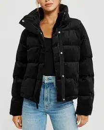 Abercrombie & Fitch Black Velvet Puffer Mini Black Coat Zipper Snap Buttons